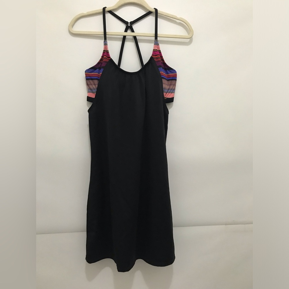 Athleta Blousy Tankini Swim Dress 34 D/DD Black Multicolor Stripe Bra Pullover